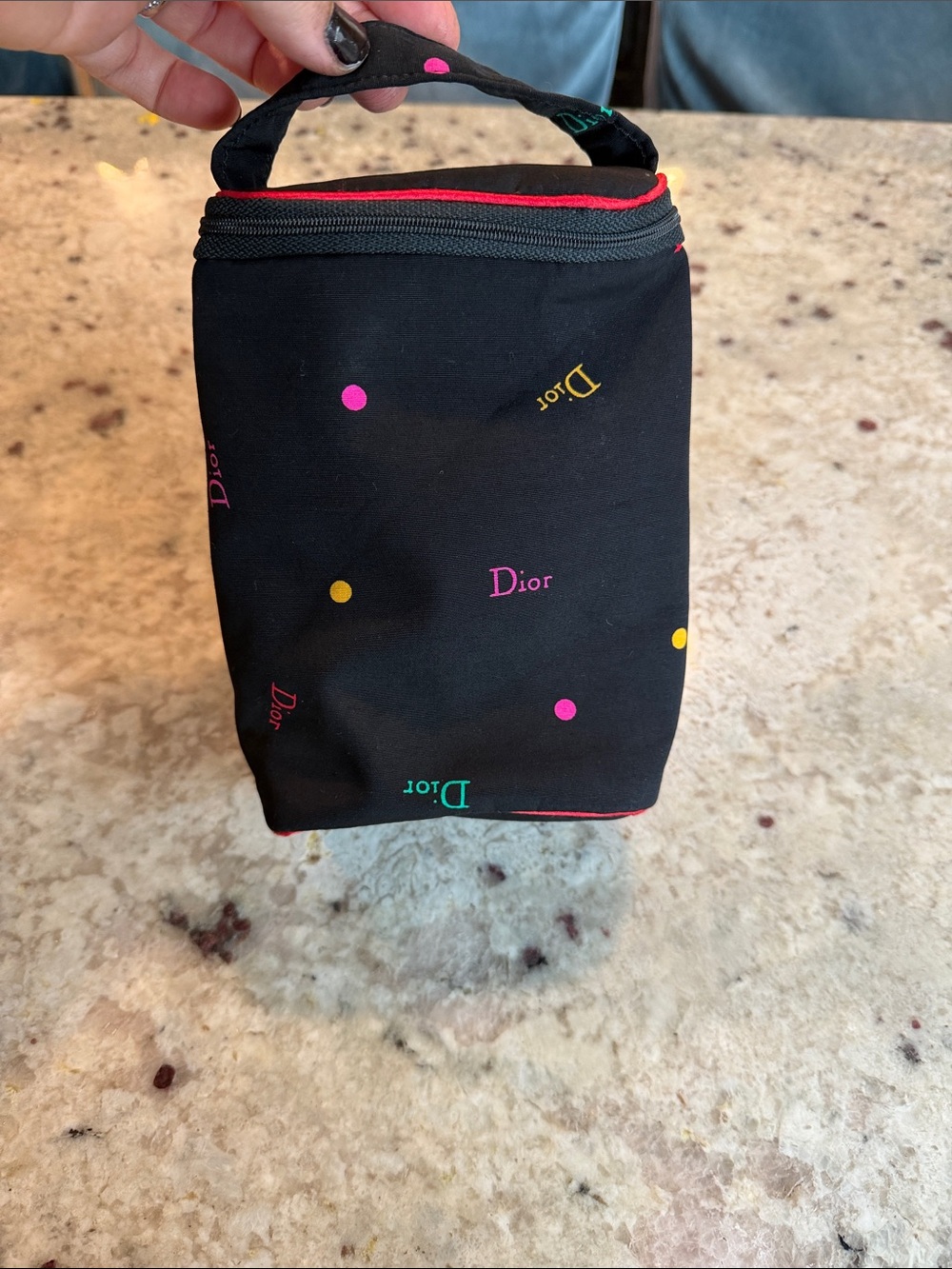 Dior Black Cosmetic Pouch with Pink and Yellow Polka Dots